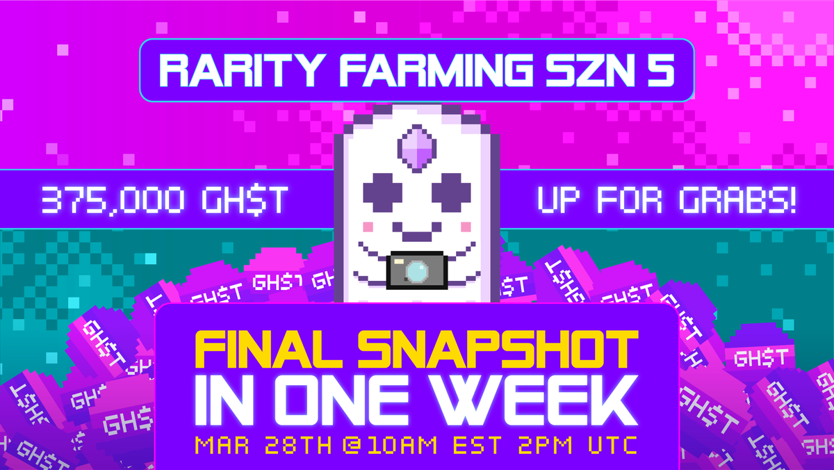 aavegotchi's tweet photo. 👩‍🌾 THE FINAL ROUND IS UPON US! 👩‍🌾

🚀 375k $GHST is up for grabs for the last snapshot of Rarity Farming Season 5

👻 Prepare ur #GotchiGang, it all goes down Tuesday, March 28th at 2pm UTC https://t.co/DKo8nPqzyq