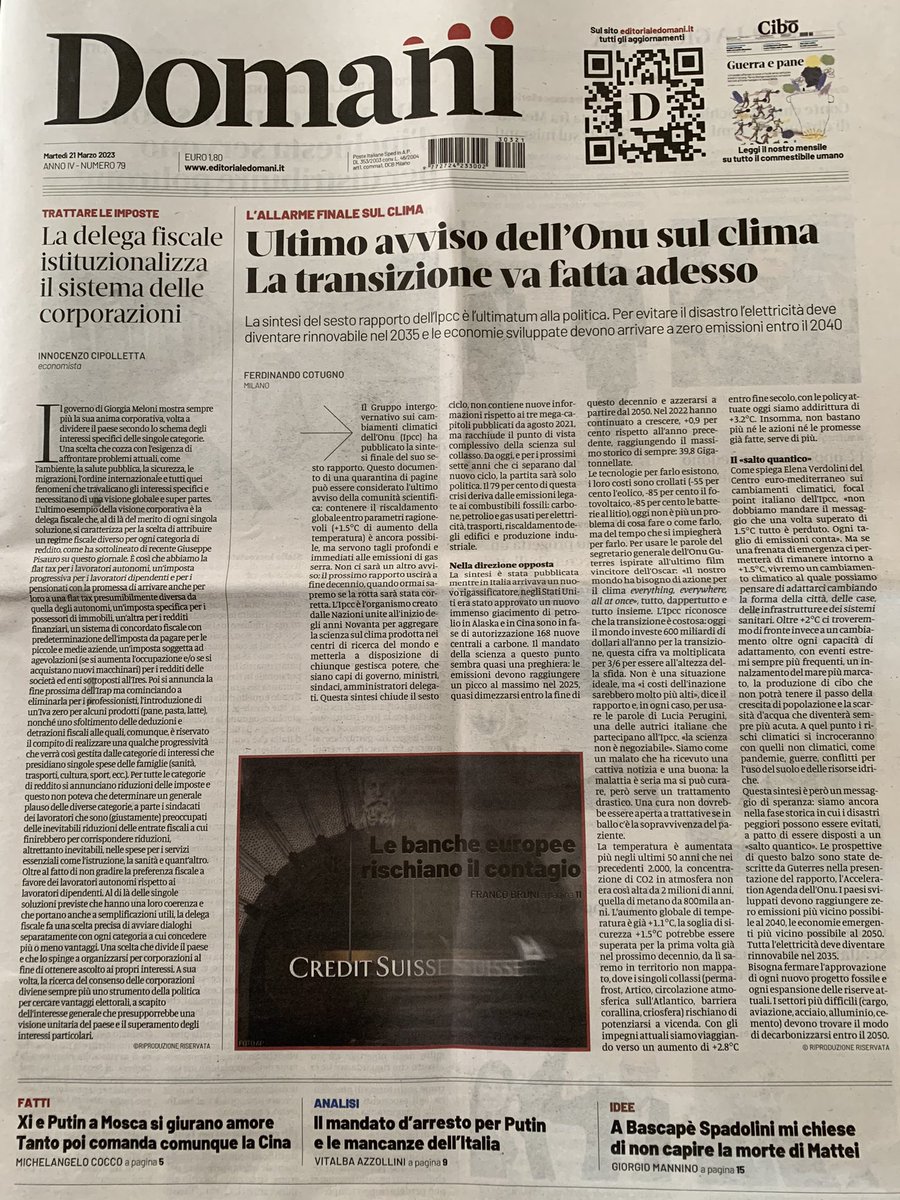 Oggi tutti i giornali italiani avrebbero dovuto dedicare la prima pagina al rapporto <a href="/IPCC_CH/">IPCC</a> sulla crisi climatica, ma l’unico ad averlo fatto è <a href="/DomaniGiornale/">Domani</a> con l’articolo di <a href="/FerdinandoC/">Ferdinando Cotugno</a> Per le altre testate il campanello d’allarme per il #Clima è solo un rumore di fondo.