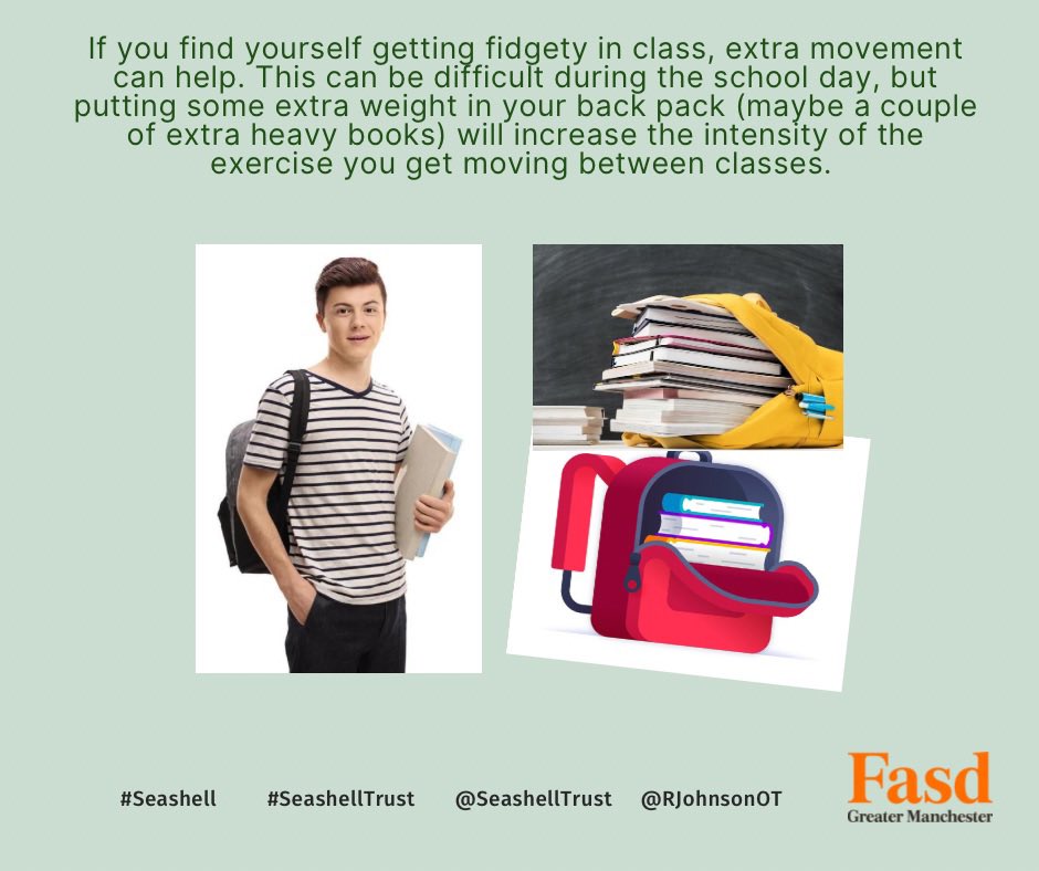 FasdGM's tweet photo. Putting some extra weight in your back pack will increase the intensity of the exercise you get moving between classes.
Rachel Johnson - Consultant Occupational Therapist
#SeashellTrust #Seashell @RJohnsonOT @seashelltrust #FASD https://t.co/E91SDTk1QC