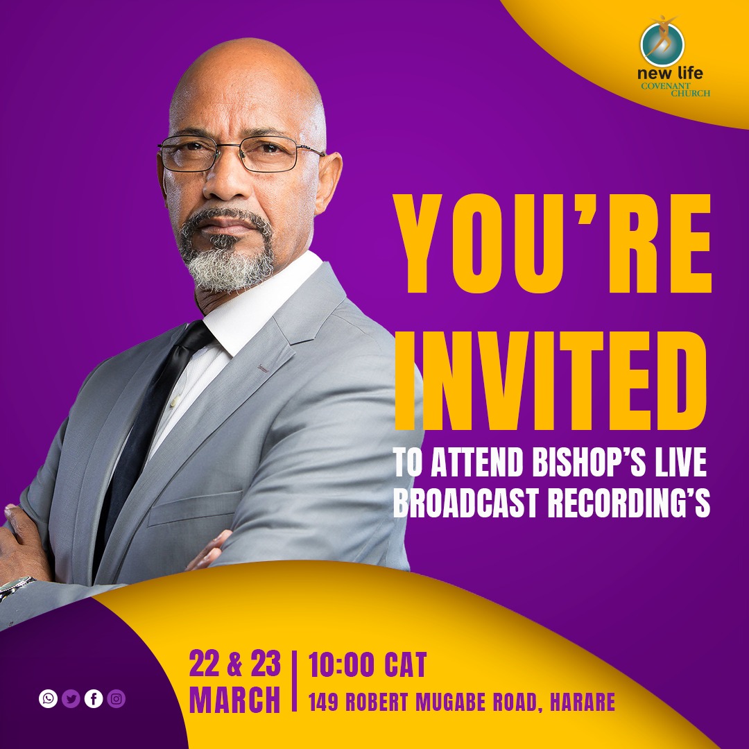 Come join our Live Broadcast Recordings with Bishop Tudor on 22 &  23 March 2023 at 10am CAT. All recording sessions will be held at 149 Robert Mugabe Rd, Harare
PLEASE NOTE : No personal recordings may be taken during the sessions.
#tudorbismark #newlifecovenantchurch #2023