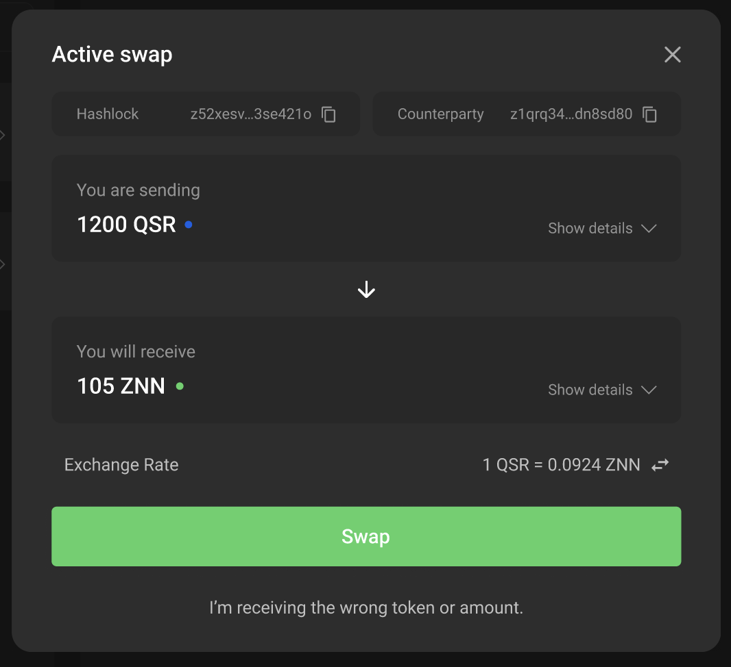 Check out the smaller more “uniswap-like” modal for Atomic Swaps on @zenon_network.   Thanks again to <a href="/zenon_tools/">Zenon Tools</a> for preparing these design options.  

figma.com/proto/8nH22hlr…

Join the discussion here to provide feedback forum.zenon.org/t/p2p-atomic-s…