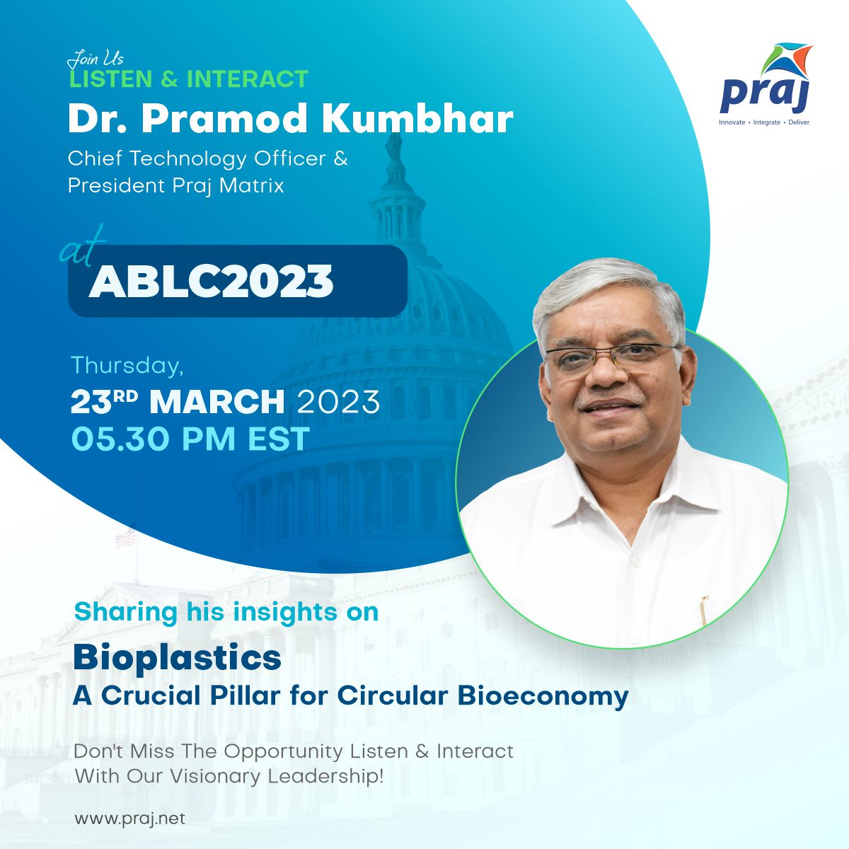 PrajIndustries's tweet photo. Dr. Pramod Kumbhar, President & CTO at Praj Matrix has been invited to deliver an address during the session on Hot Technologies at ABLC hosted by @bdigest . (1/2)
#FuelTheChange #Bioeconomy #Biomobility #BioPrism
#Sustainability https://t.co/Nns7Gqx1es