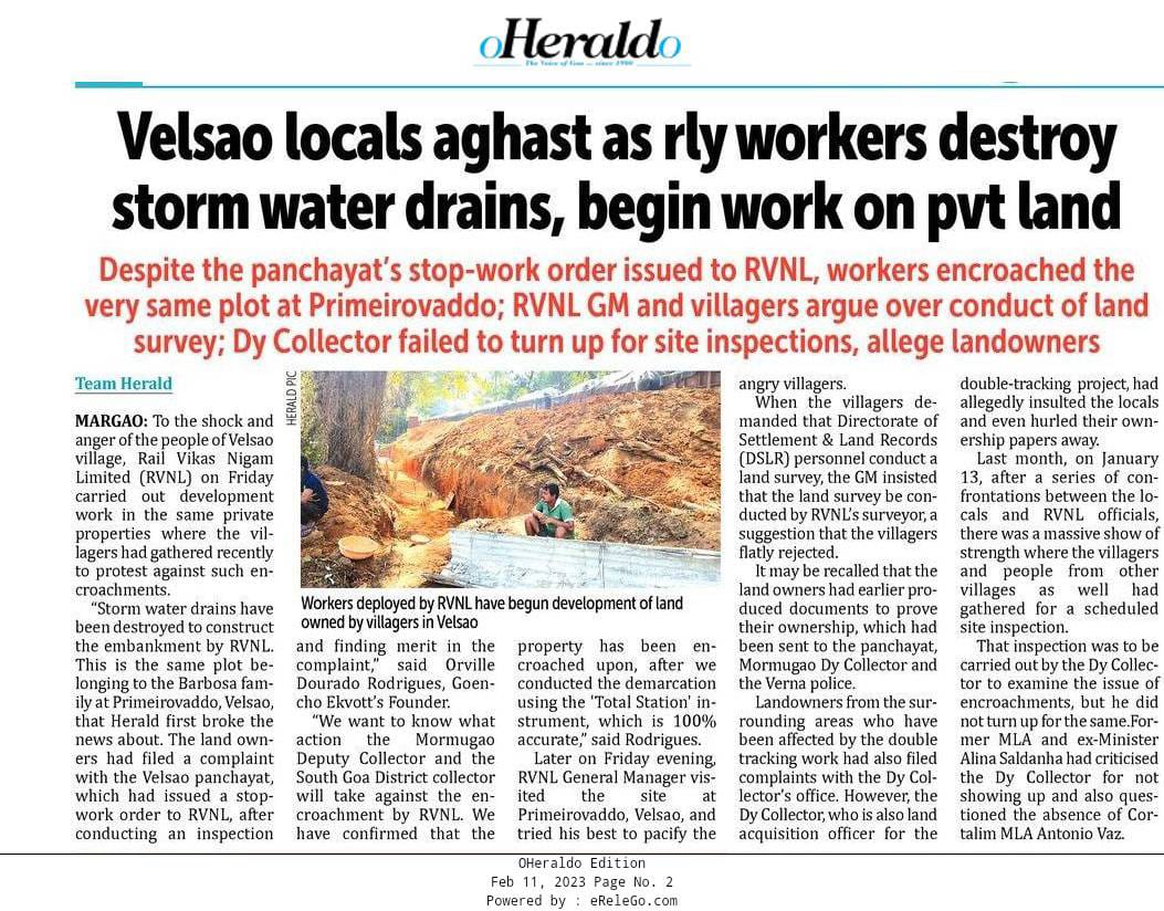TallulahDSilva's tweet photo. Railway work is destroying water drains, encroaching private lands. Villagers have been raising their voices. #StopDoubleTracking #GoaIsBurning @moefcc @byadavbjp @PMOIndia @narendramodi @UNEP @RailMinIndia @AshwiniVaishnaw @WesternRly @NITIAayog https://t.co/UCJFP2s02s