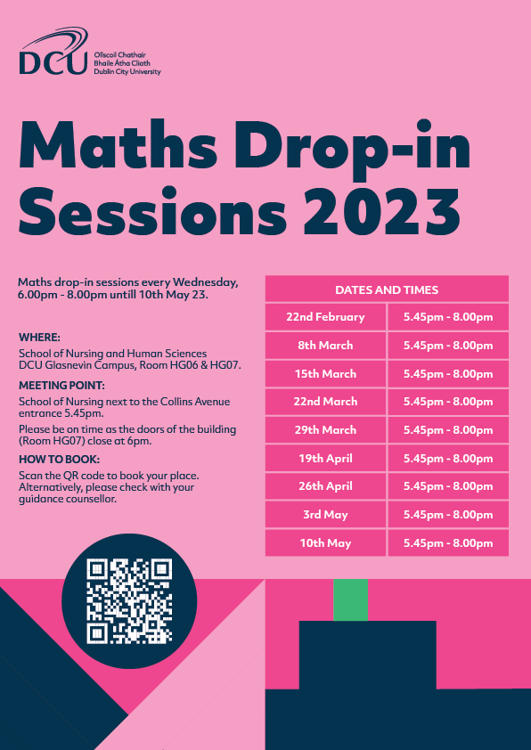 Are you a 6th-year student from a local DEIS school and need help with Maths? 
DCU Access is hosting Maths drop-in sessions!
Come along to our session tomorrow 22nd at 5:45pm
#maths #dcu #access