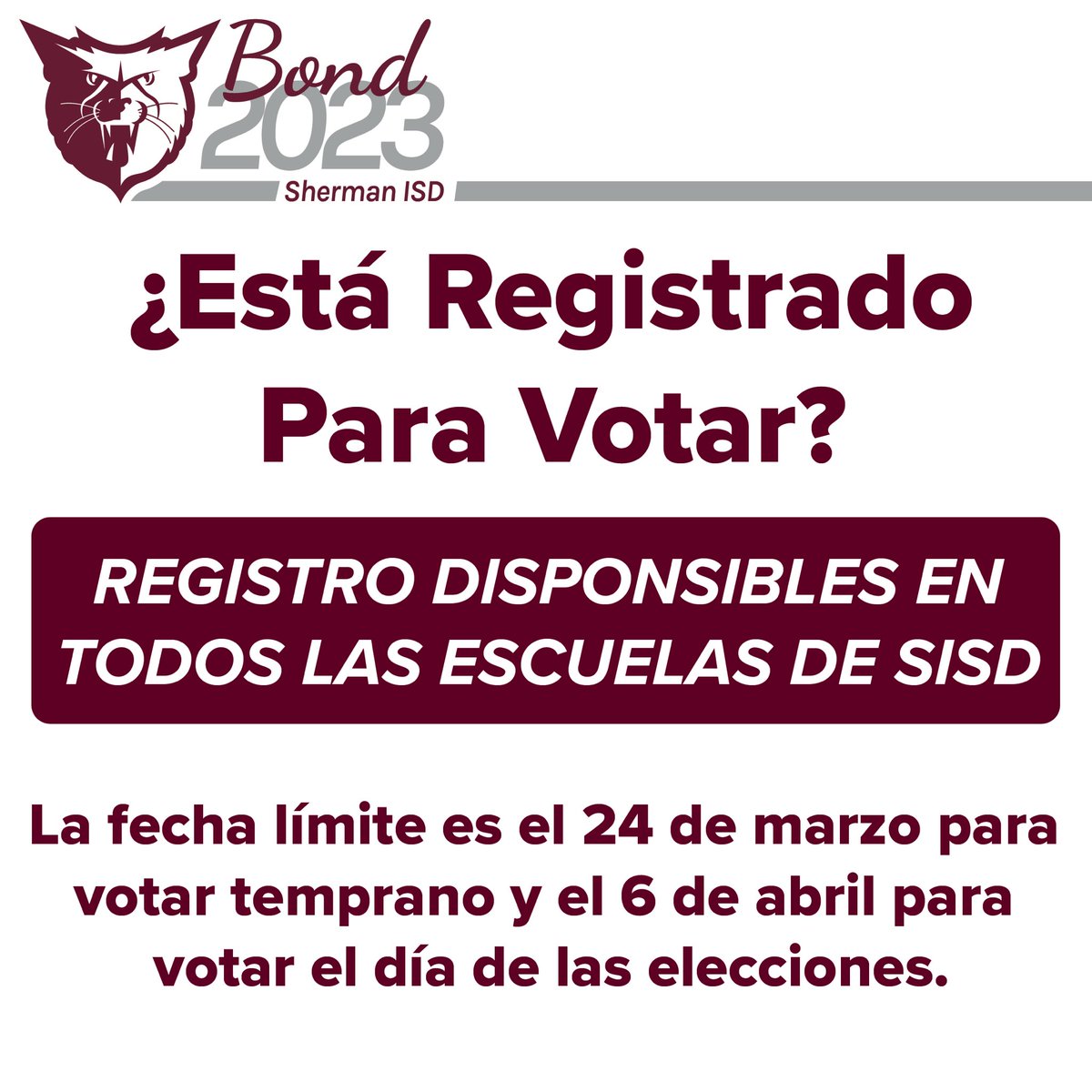 ShermanISD's tweet photo. Voter registration applications can be picked up, completed and returned to all SISD schools. Friday is the deadline to register to vote early in the upcoming election! Click the link in our bio for more bond information. https://t.co/Kv0O6L8R0e