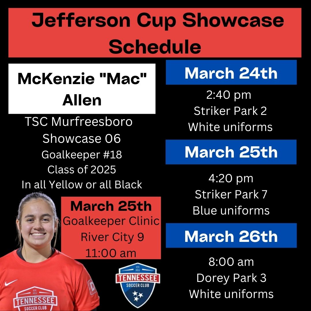 Mac Allen 2025 (@macallen_18) on Twitter photo After a great start to my team's Tennessee Division 1 State League, we are heading up to Richmond this weekend for the Jefferson Cup Showcase. Looking forward to being on field again with my teammates! #gkunion #2025goalkeeper <a href="/tnsoccerclub_GK/">Tennessee Soccer Club GK Program</a> <a href="/jeffersoncup/">Jefferson Cup</a> <a href="/TNSoccerClub/">Tennessee Soccer Club</a> After a great start to my team's Tennessee Division 1 State League, we are heading up to Richmond this weekend for the Jefferson Cup Showcase. Looking forward to being on field again with my teammates! #gkunion #2025goalkeeper <a href="/tnsoccerclub_GK/">Tennessee Soccer Club GK Program</a> <a href="/jeffersoncup/">Jefferson Cup</a> <a href="/TNSoccerClub/">Tennessee Soccer Club</a>