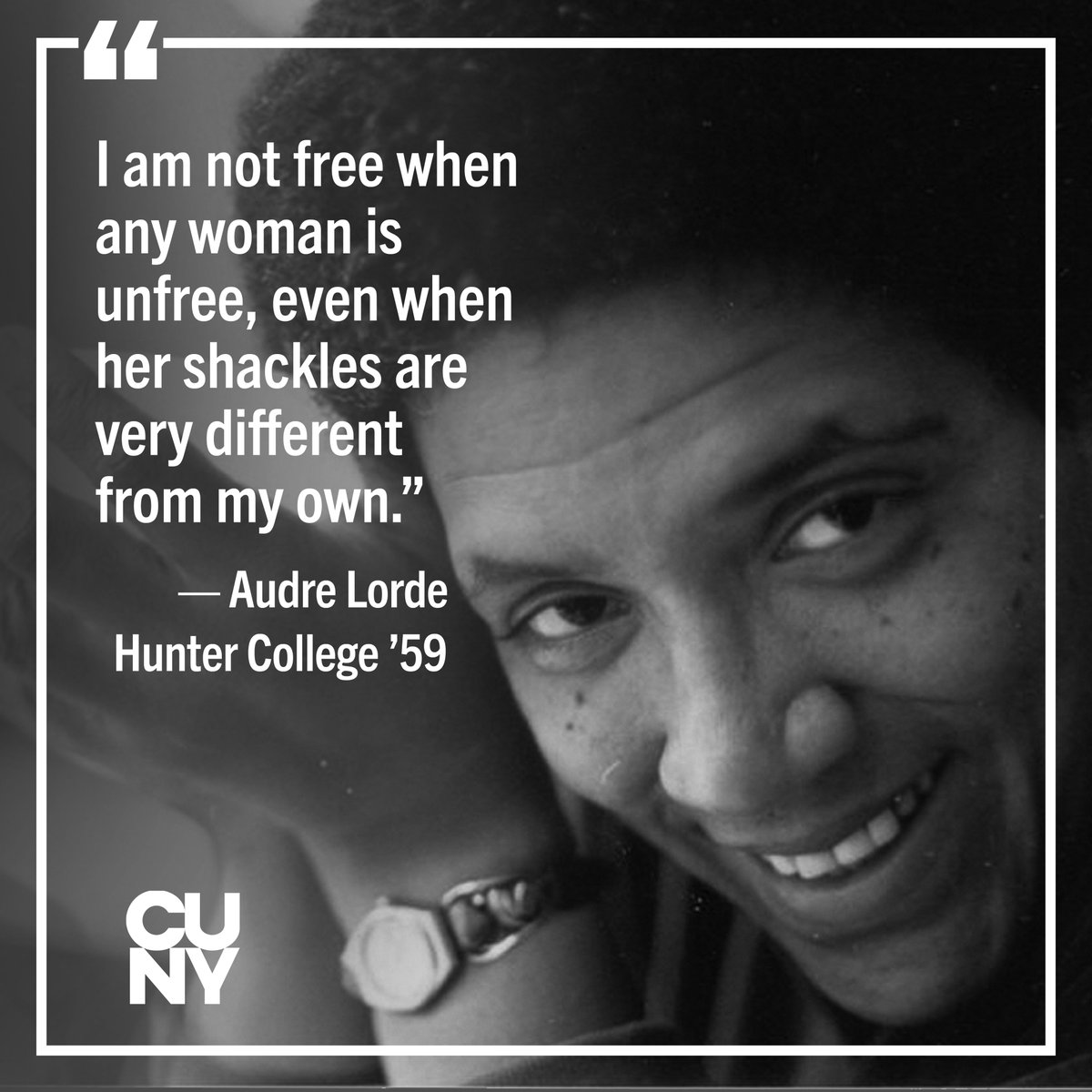 On #WorldPoetryDay, we honor #AudreLorde, an acclaimed Black poet and activist who taught at three CUNY colleges: <a href="/LehmanCollege/">Lehman College</a>, John Jay College, and her alma mater <a href="/Hunter_College/">Hunter College</a>.  Her poetry tackled sexism, classism, and racial and social justice in America.
