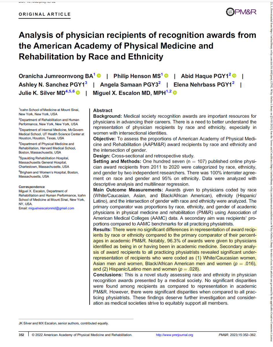 We just published a novel study in PM&R analyzing med society recognition awards🏆by #race #ethnicity & the intersection w/gender.👩🏾‍⚕️👨🏾‍⚕️👩🏽‍⚕️👨🏽‍⚕️ Med societies should recognize accomplishments & service of their members. #Physiatry #WomenInMedicine #MedTwitter bit.ly/42qPmH4