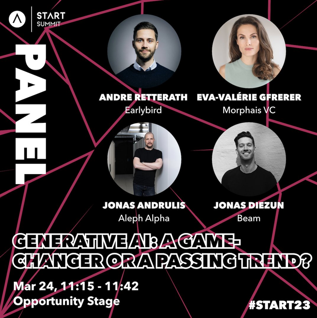 Will you be at @START_Summit this week? Join our panel to figure out what is currently going on between hype and revolution in generative AI - with the phenomenal @AndreRetterath, Eva Valérie Gfrerer and @jonas_diezun.