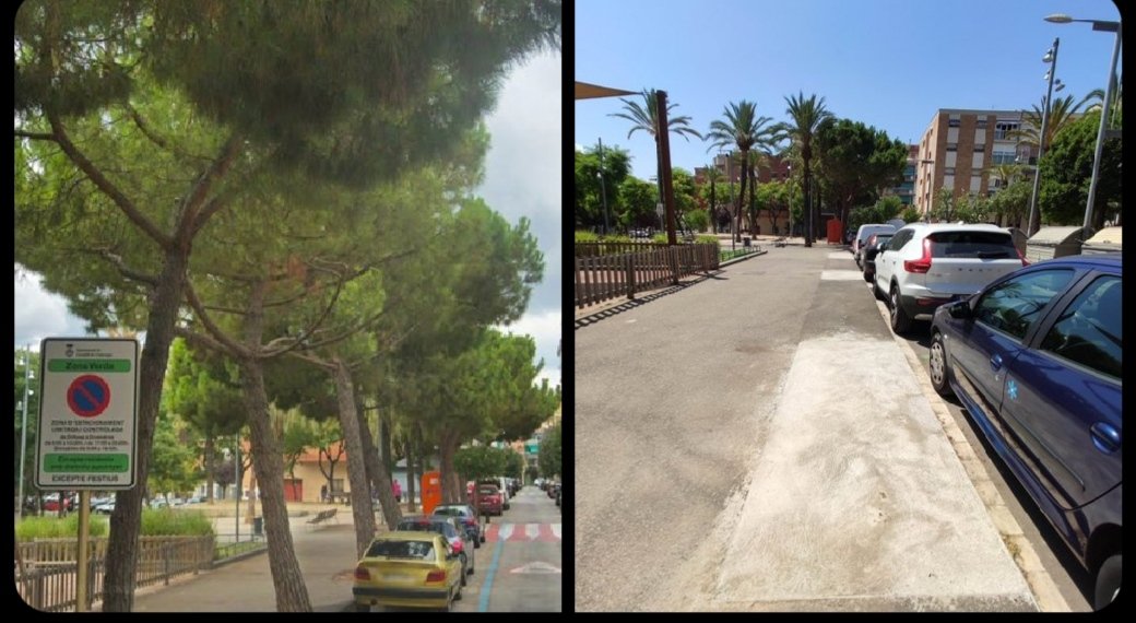 sandaralun's tweet photo. Al juliol de 2021 l'Ajuntament decideix talar pins a la Plaça Pallars i posar un planxé de formigó. Gairebé dos anys després han decidit pintar unes fulles. La gran obra de millora del barri del Pedró des de fa anys. Felicitats a l'equip de govern! @Pedro_existe @cornella20 https://t.co/s5sywHxmbH