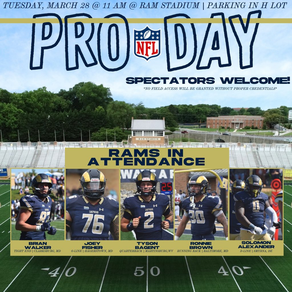 🏈𝑺𝑯𝑬𝑷𝑯𝑬𝑹𝑫 𝑹𝑨𝑴𝑺 𝑷𝑹𝑶 𝑫𝑨𝒀🏈 Next Tuesday, we will be hosting a pro day at Ram Stadium! This event is open to the public, so Ram fans, come out and watch some of your favorite Rams work for their shot at the big league!