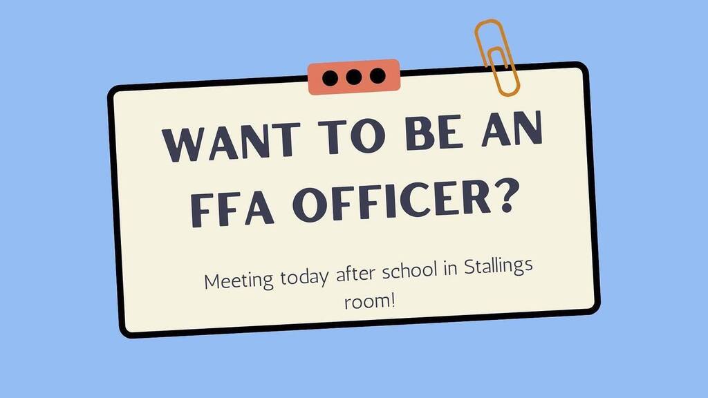 bcentennialffa's tweet photo. Do you want to be an FFA officer for the 2023 - 2024 school year?

Stop by Stallings room today after school to get the application. We will also be discussing what it means to be an officer, the officer selection process and important dates. 

You don't want to miss this! … https://t.co/jdMHx7u8Mp