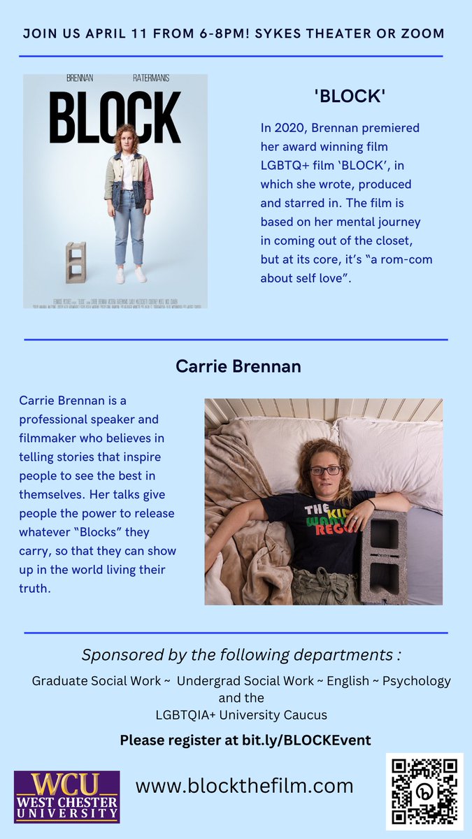 WCUGradSocWork's tweet photo. We can't wait for Carrie Brennan, LGBTQ+ self-help speaker &amp; filmmaker, to visit our campus on April 11th! Her talks give people the power to release whatever “Blocks” they carry, so that they can show up in the world living their truth. 
#lgbtq #blockthefilm #wcu https://t.co/GeQkLgBHms