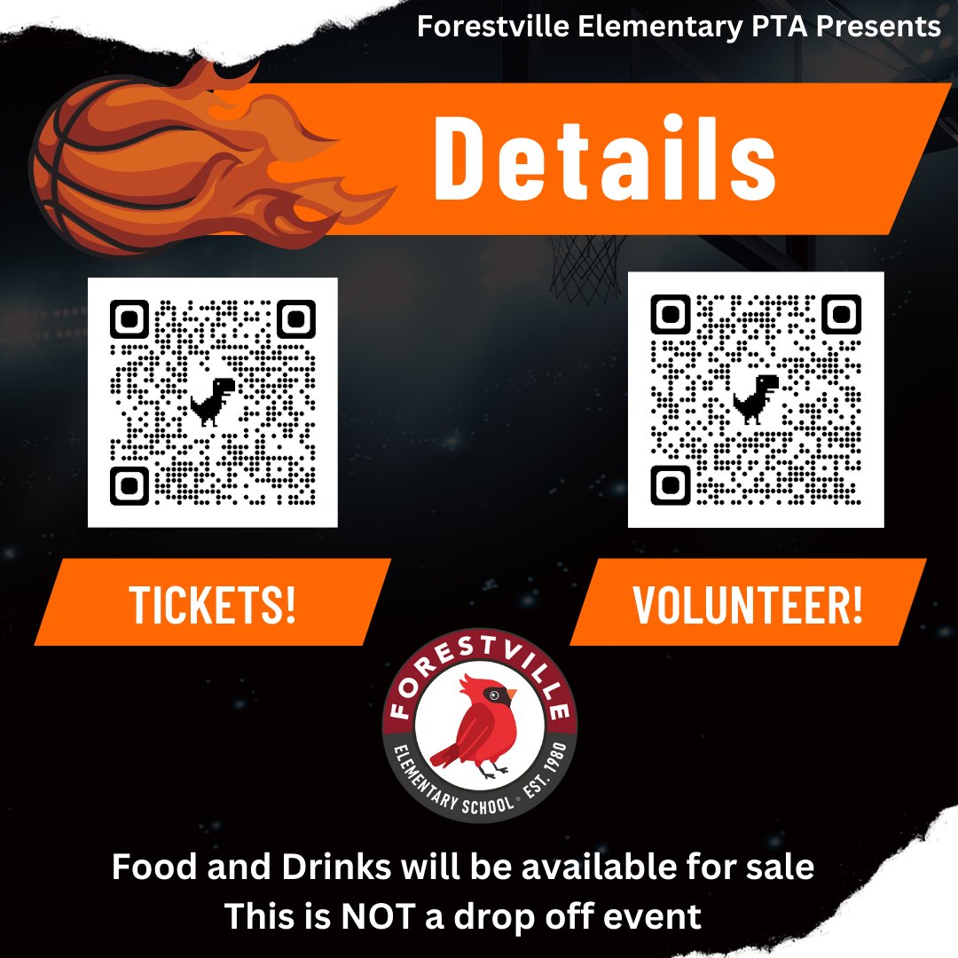 We are excited about the upcoming staff basketball game vs. Spring Hill Elementary School on March 30th - 7:00 p.m. @ McLean High School. Scan the QR codes below for tickets and to sign-up to volunteer! Come out and cheer on your teachers and staff!