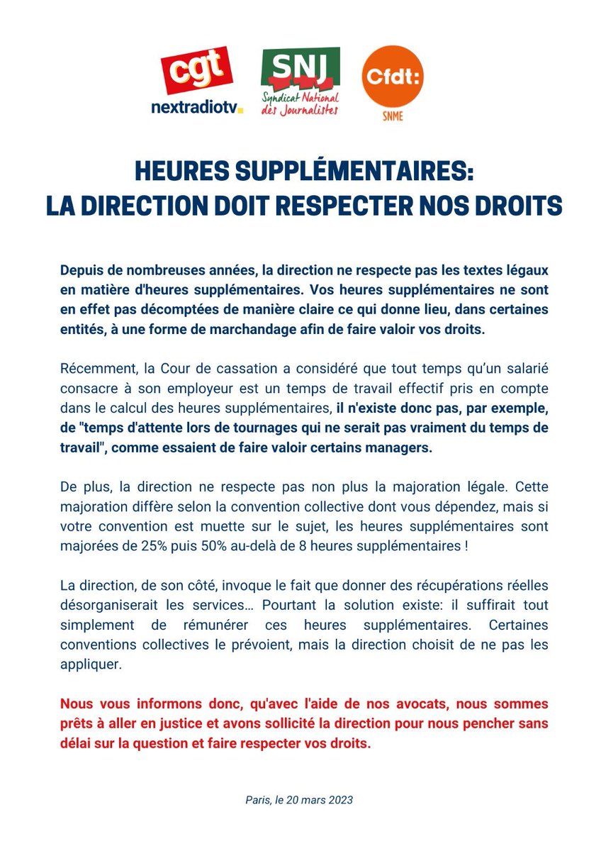 Communiqué intersyndical sur les heures supplémentaires : La direction doit respecter nos droits.