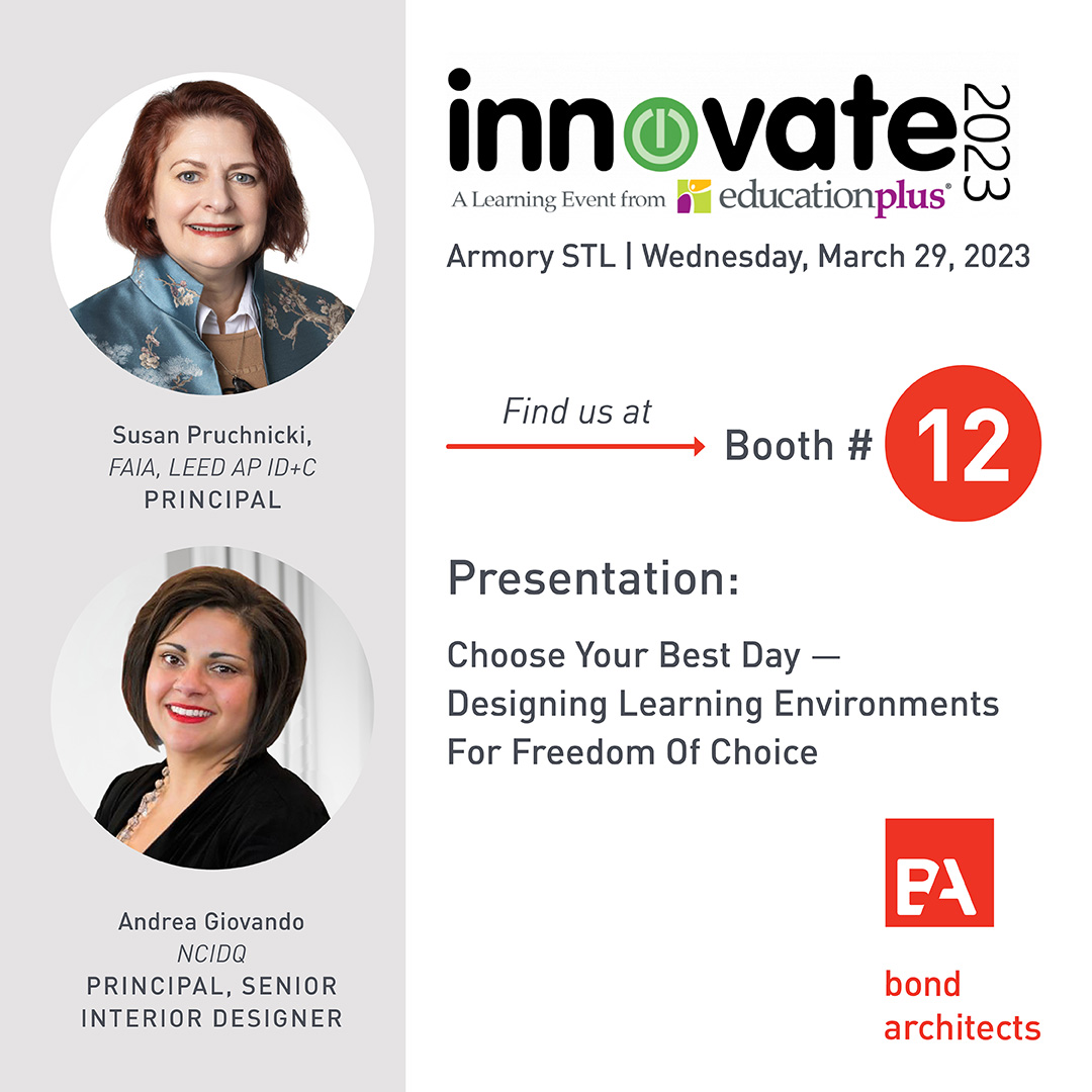 bondarchitects's tweet image. We&apos;ll be at the @EducPlus #innovate2023 conference at the Armory on March 29! Don&apos;t miss our demo session presentation on #traumainformeddesign. We&apos;ll also be in the exhibitor hall at Booth 12! #k12design #learningenvironments