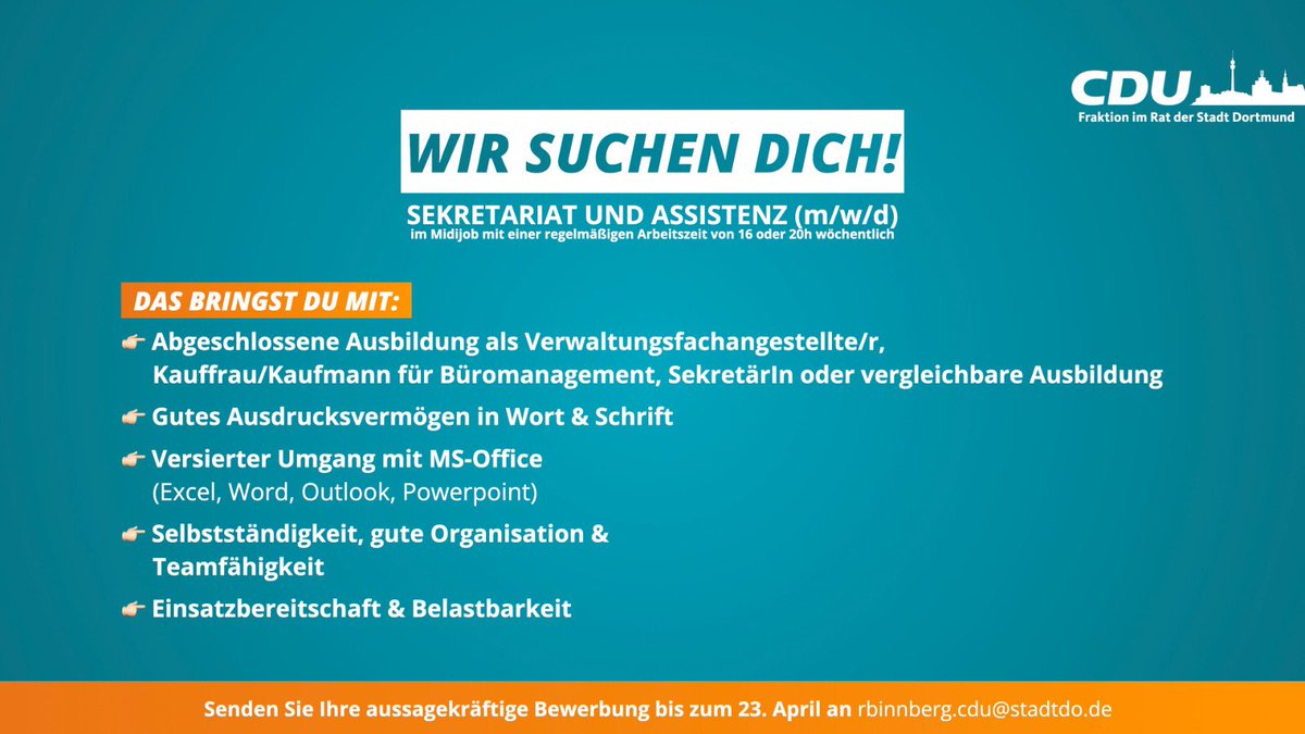 Zur Verstärkung unseres Teams suchen wir zum 1. August 2023 eine(n) Teamkollegen/Teamkollegin für den Bereich SEKRETARIAT und ASSISTENZ (m/w/d) im Midijob. Hier geht’s zur Ausschreibung 🔗👉 cdu-fraktion-dortmund.de/artikel/stelle…