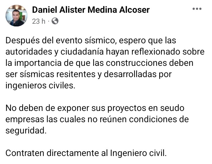 Ante los eventuales sucesos naturales a la sociedad se le recomienda contratar, construir y diseñar sus viviendas con ingenieros civiles por su estructura y cimentacion. El gobierno y entidades deben hacer respetar las normas de construccion. <a href="/eluniversocom/">El Universo</a> <a href="/CarlosVerareal/">Carlos Vera</a>