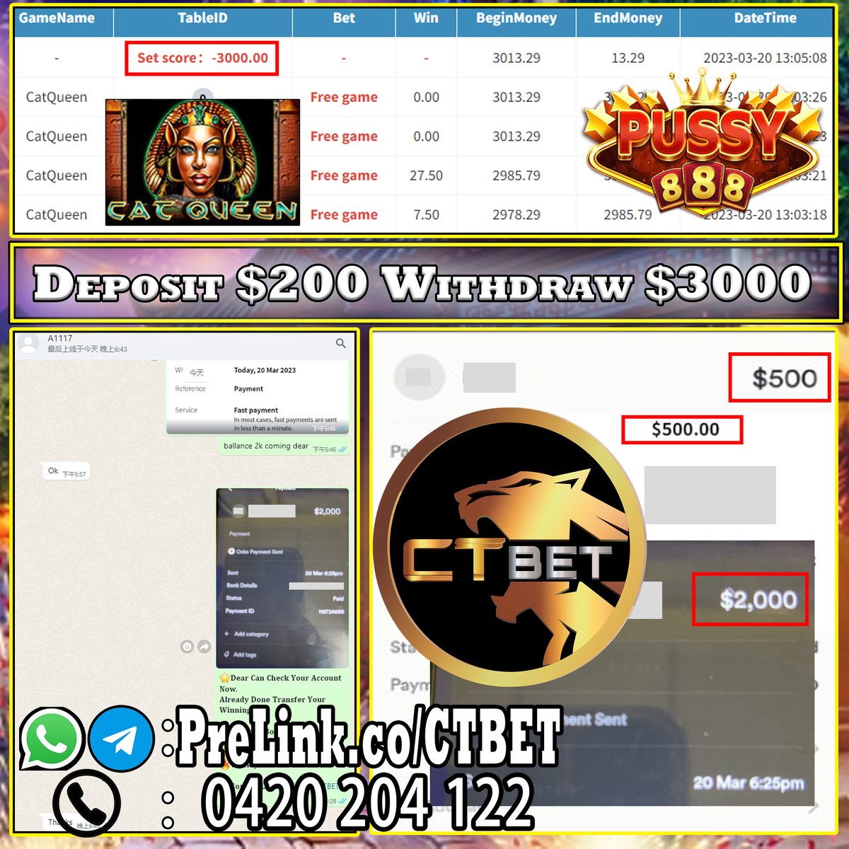 CTBET96's tweet photo. 🔥𝐌𝐞𝐦𝐛𝐞𝐫 𝐂𝐚𝐬𝐡𝐨𝐮𝐭 𝐅𝐫𝐨𝐦 𝐂𝐓 𝐁𝐄𝐓 🇦🇺              
              
💰 𝐃𝐞𝐩𝐨𝐬𝐢𝐭    : $ 200
💵𝐖𝐢𝐭𝐡𝐝𝐫𝐚𝐰 :$ 300
              
🌟𝐆𝐀𝐌𝐄 &amp; 𝐒𝐋𝐎𝐓              
➡️ Pussy888 ~ CatQueen
  
🧬𝐂𝐨𝐧𝐭𝐚𝐜𝐭 𝐋𝐢𝐧𝐤 : https://t.co/eK3r0NWK9I https://t.co/lTPIBJ7ilx