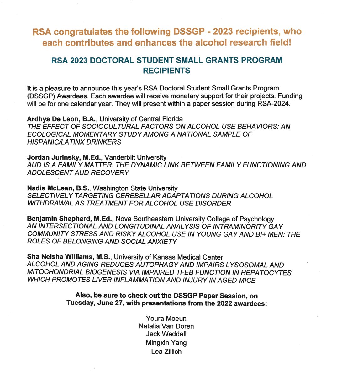 Congratulations to our 2023 Doctoral Student Small Grants Program recipients!!!