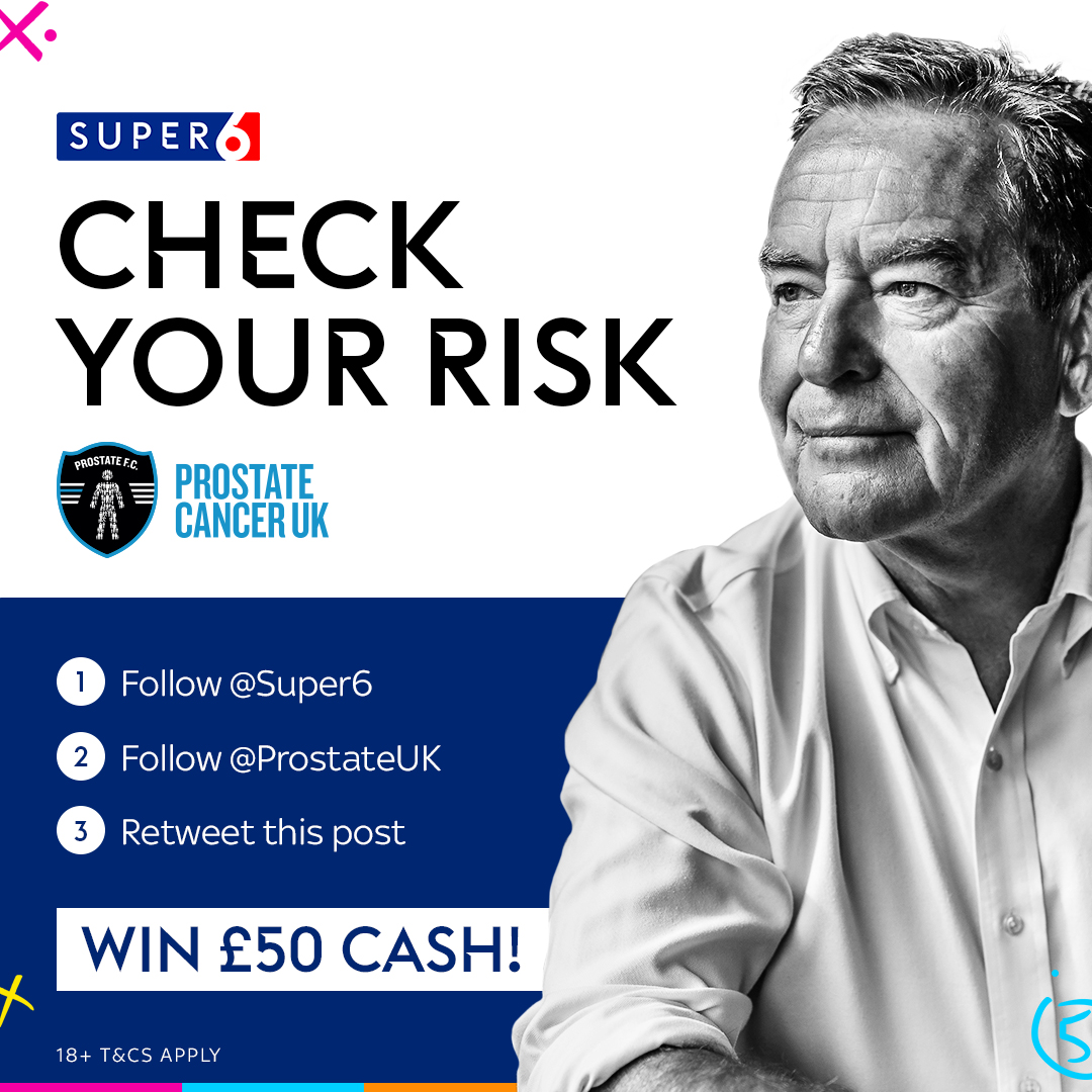 Super6's tweet photo. With @ProstateUK, you can check your risk in just 30 seconds ⏰➡️  https://t.co/qB48AGURcH

Help us at Super 6 spread the word &amp; you could win one of five £50 cash prizes 

1⃣ Follow @Super6 
2⃣ Follow @ProstateUK 
3⃣ Retweet this post

We'll announce the winners on Thursday! 🙌