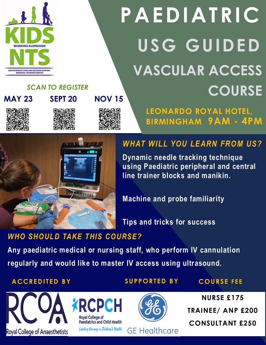 2023 <a href="/KIDSNTS/">KIDSNTS</a> Paediatric USG guided vascular access course dates are out- May 23, Sept 20, Nov 15. Scan the barcodes in the poster to register! #POCUS #PICU #PedsICU <a href="/drzaf_pic/">Zaf</a> <a href="/PICJournalWatch/">PICU Journal Watch #PedsICU #PedsCICU</a>