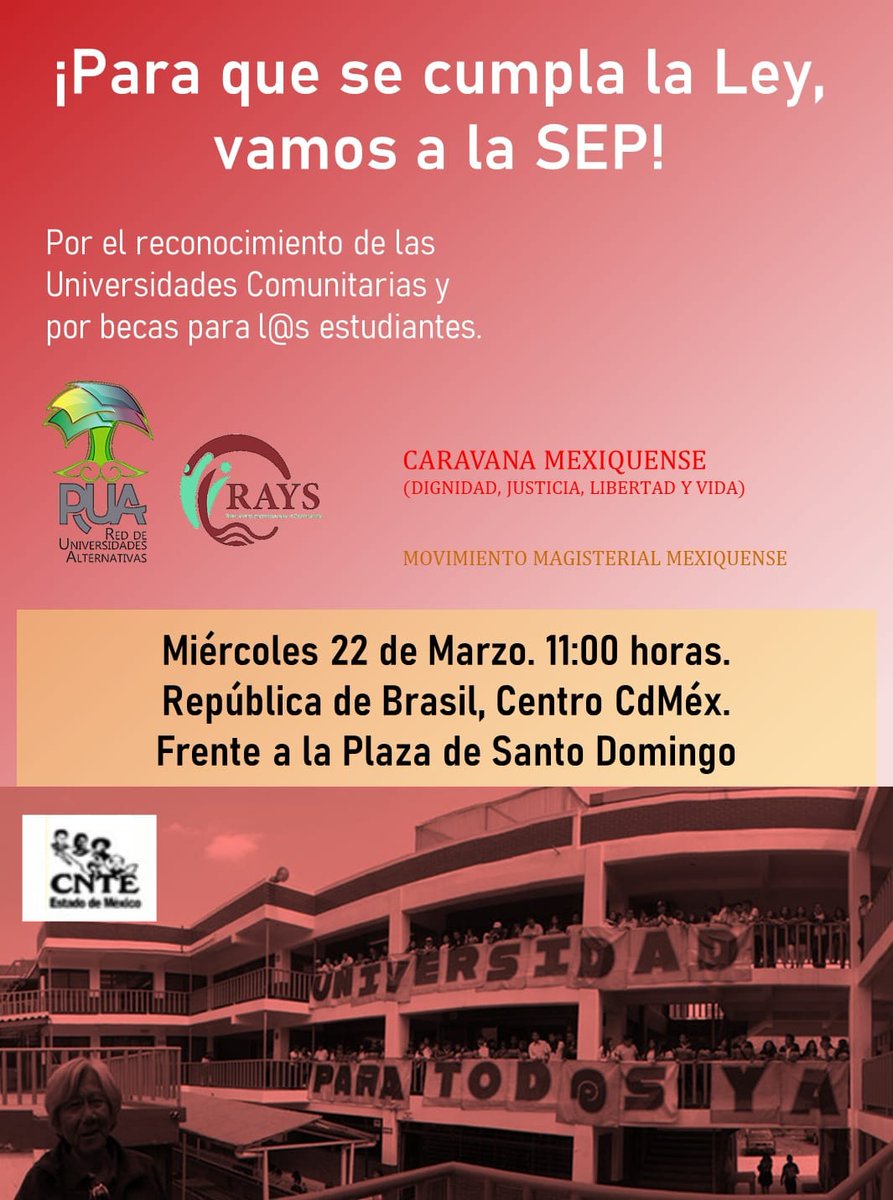 Convocatoria a #Prensa
Mitin en la <a href="/SEP_mx/">SEP México</a>  #CDMX
22 de marzo 11:00 hrs. 
Por #EducaciónUniversitaria para todos
<a href="/LaJornada/">La Jornada Impresa</a> <a href="/AristeguiOnline/">Aristegui Noticias</a> <a href="/laoctavadigital/">LA OCTAVA</a> <a href="/RadioEducacion/">Radio Educación</a> <a href="/OnceNoticiasTV/">Once Noticias</a> <a href="/RompevientoTV/">Rompeviento TV</a> <a href="/lasillarota/">La Silla Rota</a> <a href="/ADNoticiasMex/">AD Noticias</a> <a href="/losangelespress/">Los Ángeles Press</a> <a href="/LagarrapataS22/">La Garrapata S-22</a> <a href="/cencos/">Cencos</a> 
#CNTE