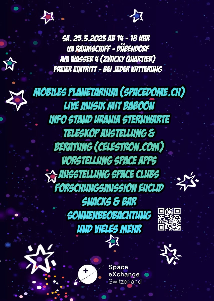 Am Samstag 25.3. 14.00-18.00 findet in der Zwicky #Dübendorf ein Weltraum-Festival statt für Kids, Familien, Freunde, Neugierige, Spacefans, Astronautinnen und Sternegucker. 
Alle sind herzlich eingeladen!
Programm raumschiff.org
#Astronomie