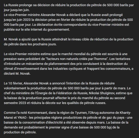 Vladivoscope's tweet photo. La Russie #prolonge sa décision de #réduire la production de #pétrole de 500 000 barils par jour jusqu'en juin.
https://t.co/Fd1jNhQbEZ https://t.co/krzJWxV69A