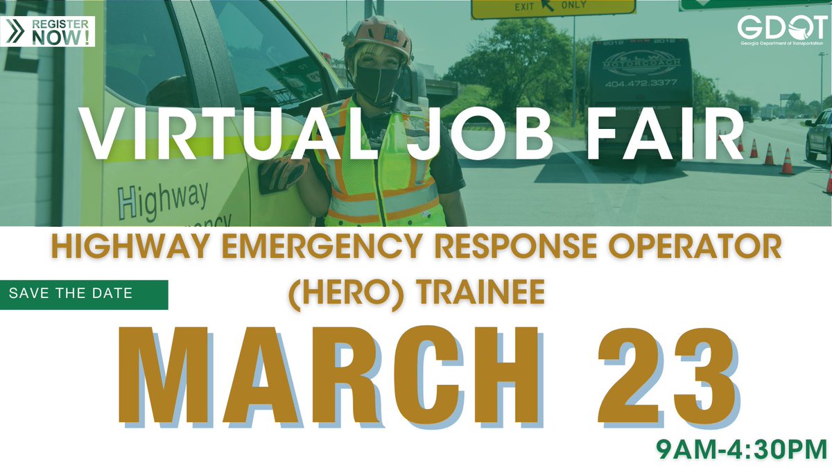 We’re hiring! GDOT is partnering with Indeed.com to host a virtual job fair on 3/23 for Highway Emergency Response Operator (HERO) Trainees.  

Jobs will be offered on the spot. 

Register now to schedule an interview.
indeedhi.re/427unch  #ExperienceGDOT