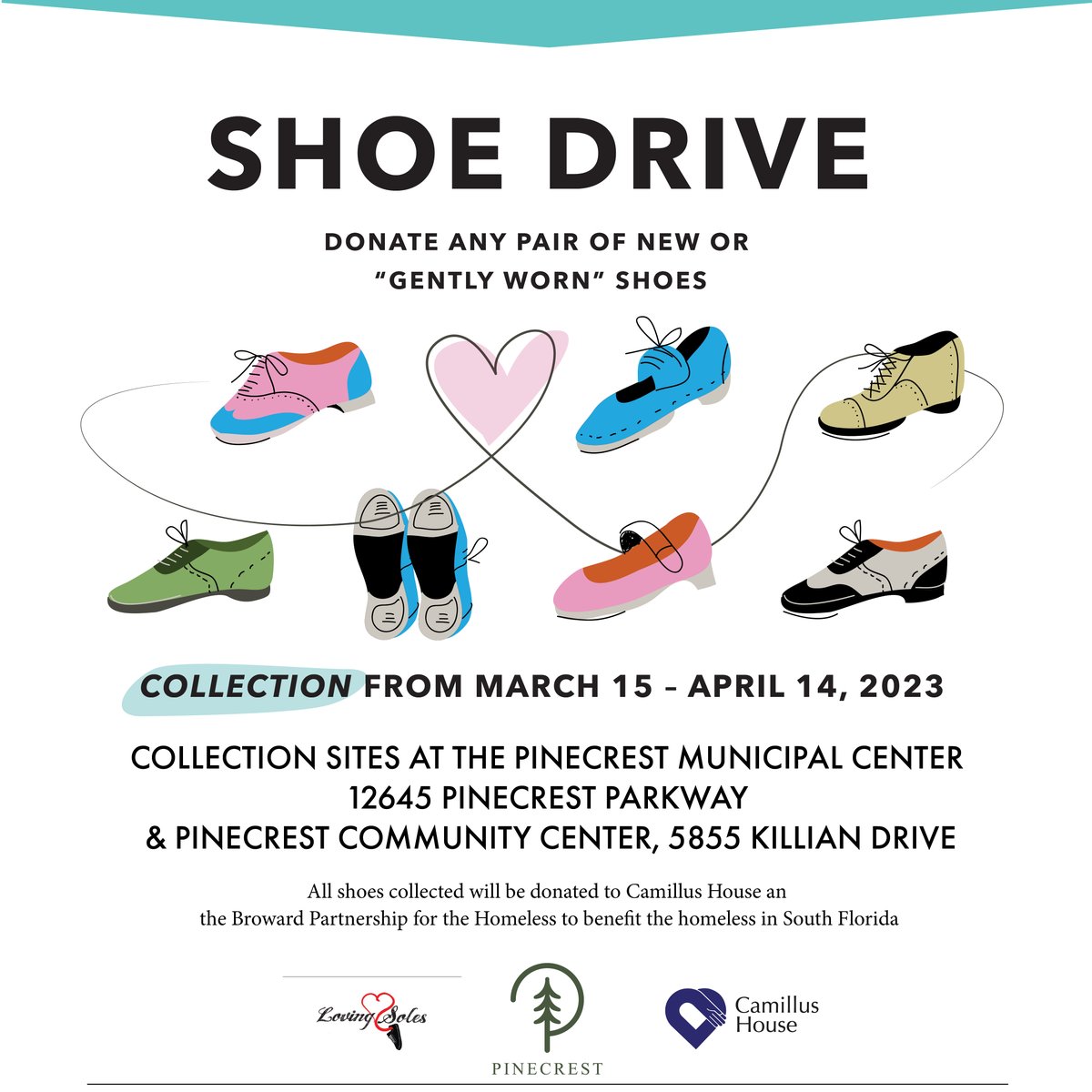 pinecrestfl's tweet photo. Help support the homeless. Drop off a new or slightly used pair of shoes into the collection boxes at Village Hall or the Pinecrest Community Center between now and April 14.

#pinecresting #PinecrestKind https://t.co/Bh2p37W6wf