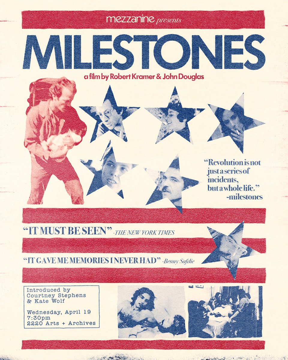 Just announced! Coming in April: Robert Kramer and John Douglas's novel-like epic, a trailblazing hybrid of documentary and fiction.

Courtney Stephens and Kate Wolf present:
MILESTONES (1975)

Wednesday, April 19
<a href="/2220Arts/">2220 Arts + Archives</a> 

Tickets now on sale: mezzaninefilm.com/event-details/…
