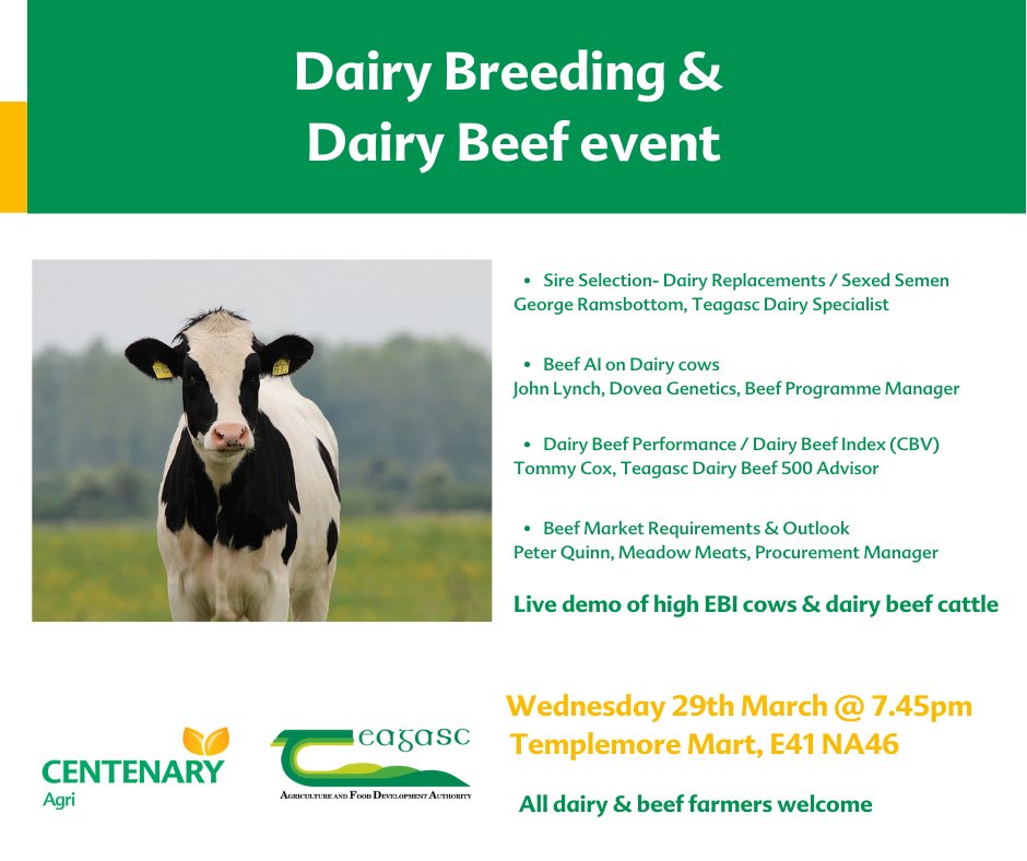 CThurles's tweet photo. Join us in the Templemore Mart (E41 NA46)  next Wednesday 29th March at 7.45pm for a Dairy Breeding and Dairy Beef event. All dairy &amp; beef farmers are welcome to attend. 

@teagasc @TeagascT 

#CentenaryAgri #Teagasc #CentenaryThurles https://t.co/VSKfdmQKWy