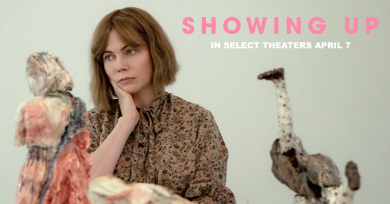 A24's tweet photo. "A gorgeous reflection on making art. Kelly Reichardt and Michelle Williams collaborations are among the most rewarding in cinema." 

A24 presents #ShowingUp — in select theaters April 7