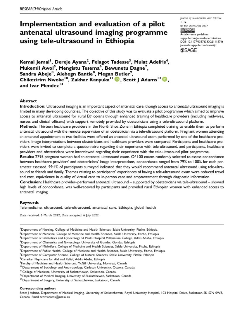 RadResearchSask's tweet photo. Our Dr Adams collaborated on a pilot remote #obstetrical #ultrasound program in rural #Ethiopia. 13 healthcare providers (midwives, nurses, & clinical officers) were #US trained &supported by #obstetricians via tele-ultrasound with good concordance & patient experience #radiology https://t.co/IKs47jTgEj