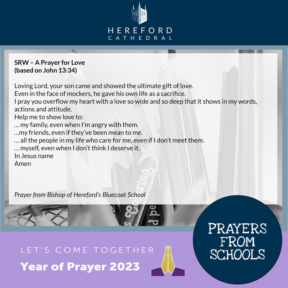 Hereford Cathedral (@hfdcathedral) on Twitter photo CATHEDRAL PRAYERS
We asked local primary schools to think about sharing prayers with us, in written form or with images.
Here is a prayer written by pupils at Bishop of Hereford's Bluecoat School.
We hope it inspires your prayer journey.
#YearOfPrayer <a href="/HerefordDiocese/">Hereford Diocese</a> CATHEDRAL PRAYERS
We asked local primary schools to think about sharing prayers with us, in written form or with images.
Here is a prayer written by pupils at Bishop of Hereford's Bluecoat School.
We hope it inspires your prayer journey.
#YearOfPrayer <a href="/HerefordDiocese/">Hereford Diocese</a>