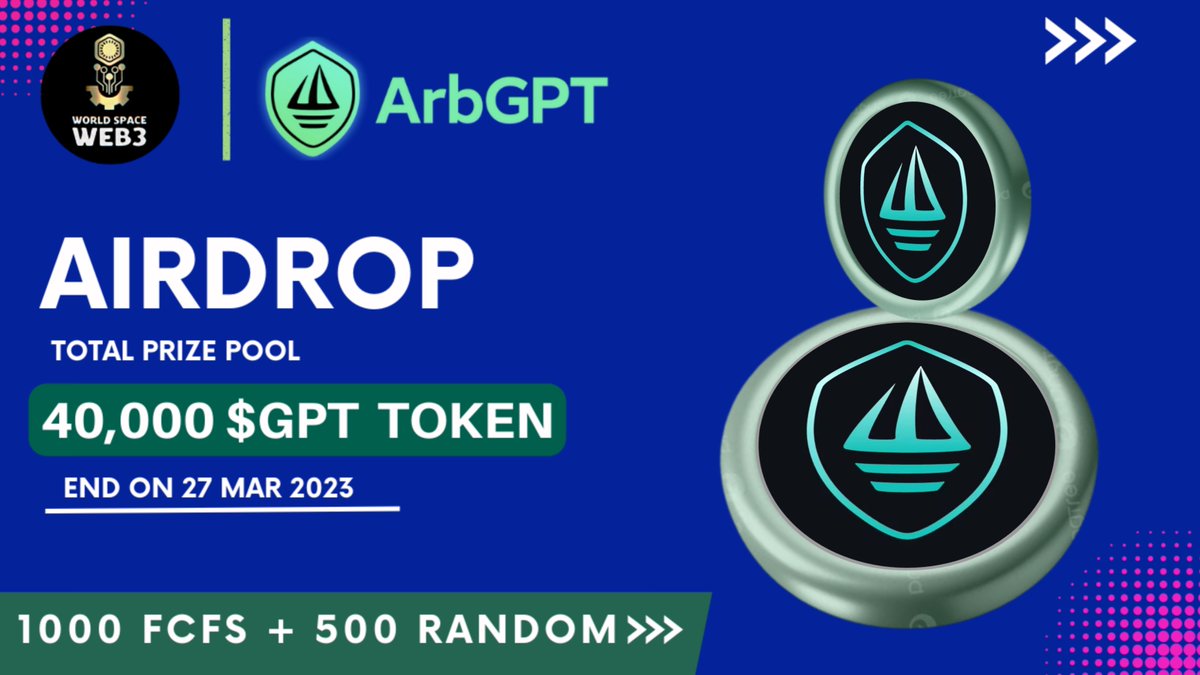 🥳🥳ArbGPT x World Space Web3 Collaboration #Giveaway

🏆Total Prize Pool ---- 40,000 $GPT Token (#FCFS) 🎉

To Enter👇
✅❤️,RT &amp; Tag 3 Friend
✅FINISH Gleam : gleam.io/y953o/world-sp…

⏰27th March.
#Airdrop #ReferAndEarn #Token #GPT #worldspaceweb3