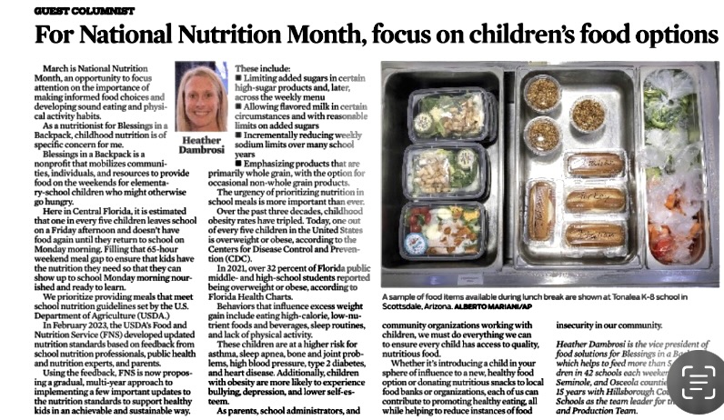 BlessinBackpack's tweet photo. The @orlandosentinel featured an article written by our Vice President of Food Solutions and registered dietician, Heather. This article highlights upcoming changes to #schoolbreakfasts and the importance of #healthyfoodsforkids. https://t.co/thC1D9ZCDl