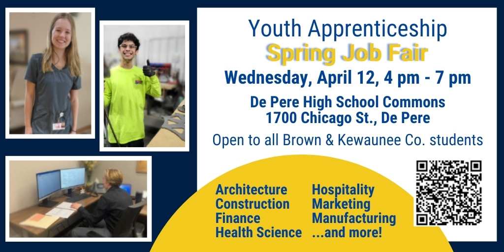 DePereHS's tweet photo. Earn. Learn. Grow. The Spring Job Fair can help sophs &amp; juniors find a summer job that matches interests and can carry over into the school year....or beyond! Come see where a summer job could lead.
Pre-registration 👍. 
 #YouthApprenticeships 
#NortheastWisconsin
#CESA7 https://t.co/p9qrEoQIGR