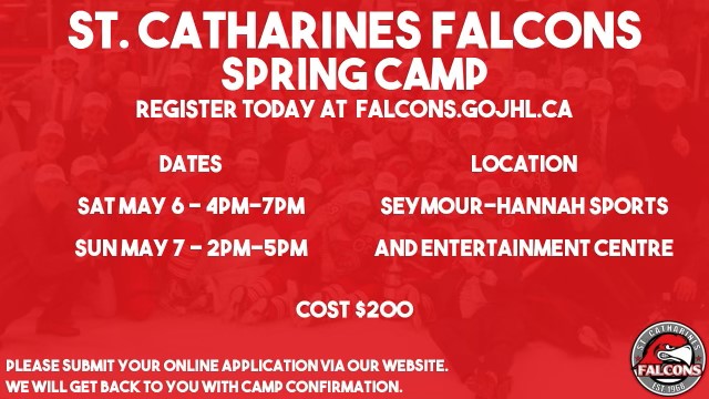 Think you have what it takes to be a Falcon?  

The St. Catharines Falcons will be hosting a Spring Camp on May 6th &amp; 7th in St. Catharines.

For those interested in attending, you can sign up on our website: falcons.gojhl.ca/camp-registrat…

#LetsGoFalcs #GOJHL