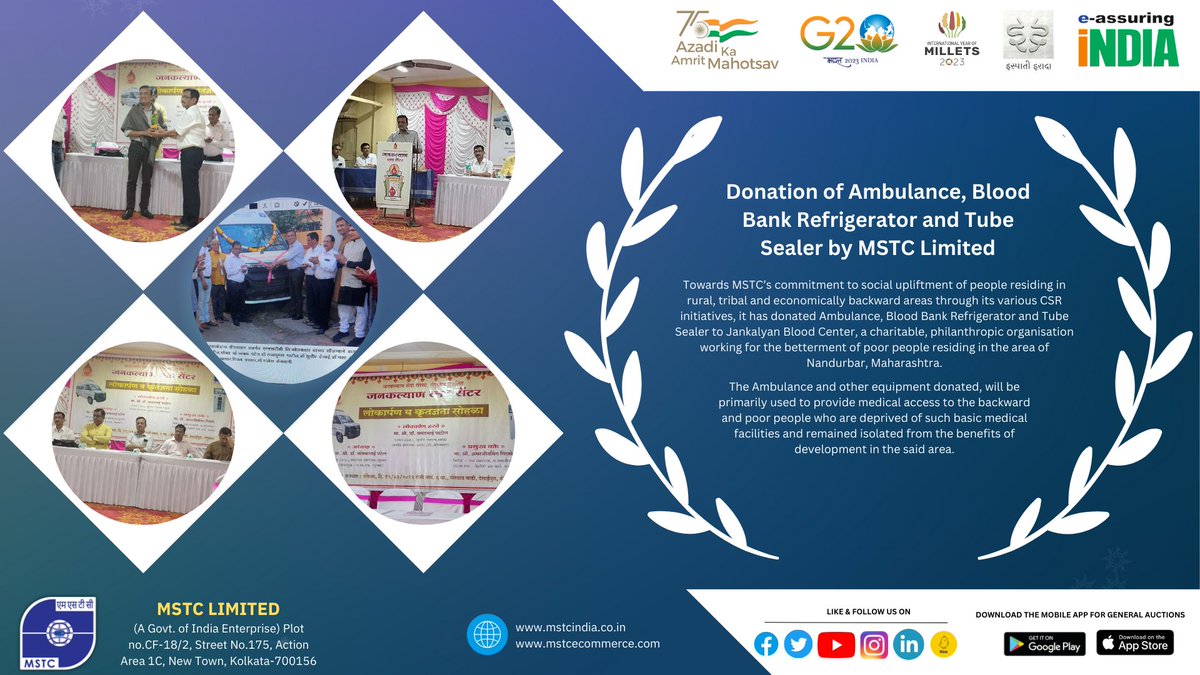mstcindia's tweet image. Towards MSTC’s commitment to social upliftment of people residing in rural, tribal and economically backward areas through its various CSR initiatives, it has donated Ambulance, Blood Bank Refrigerator and Tube Sealer to Jankalyan Blood Center.
#CSR #ruralhealth #RuralEmpowerment