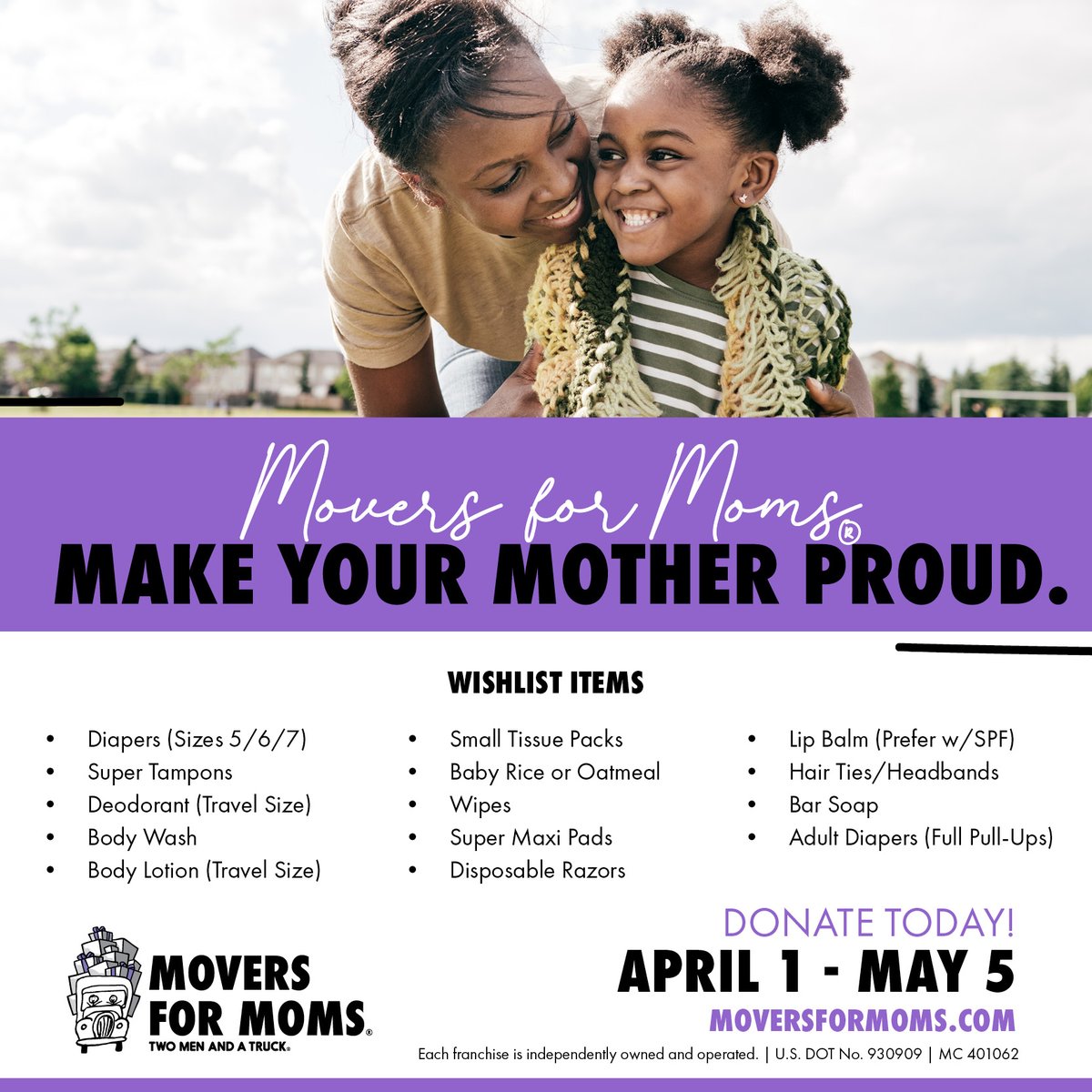 Our @MoversforMoms campaign starts in just a few weeks! Donate to #supportmomsincrisis! Items will be gifted to @DRMHuntsville as a #MothersDaypresent. Find a collection site at moversformoms.com! 💜 #movingmomsforward #moversformoms #makeyourmotherproud #twomenandatruck