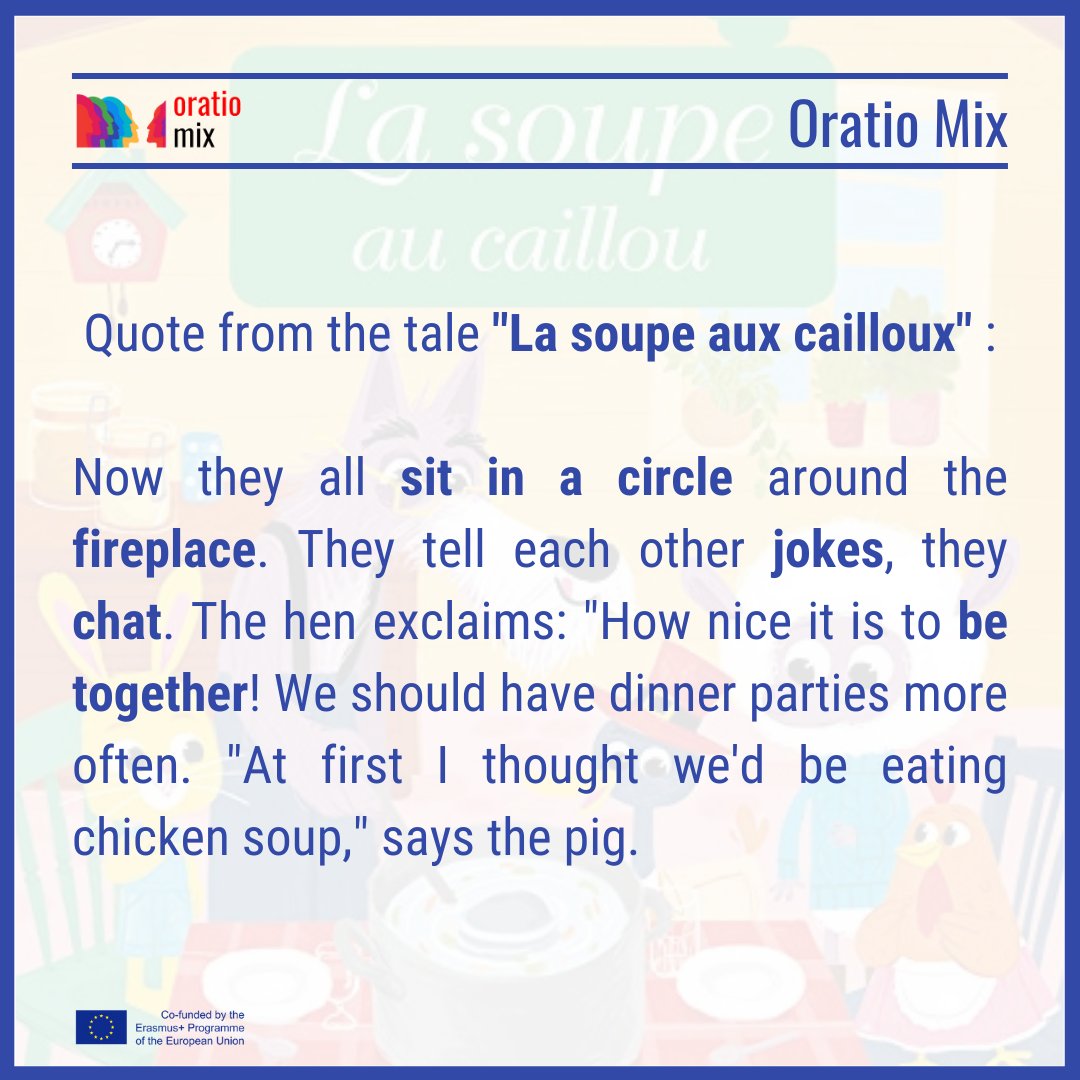 Oratiomix's tweet photo. March 20th was the world storytelling day! 
To celebrate this day, we decided to share with you an extract from the tale "La soupe aux cailloux" by Anaïs Vaugelade! We worked on this tale as part of our Oratio Mix project with the kindergarten students! https://t.co/WN7ZF4icSp