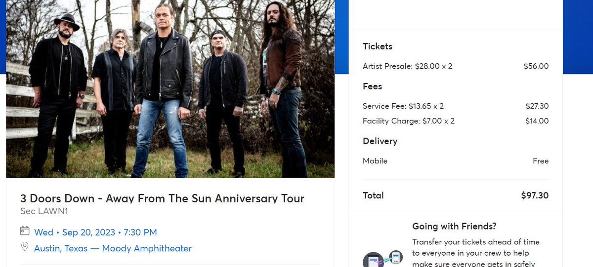bobcattk's tweet photo. @3doorsdown @candlebox Thanks for the low cost lawn ticket option at @moody_amp. Sadly @Ticketmaster is charging and extra 74% in fees. Two $28 tickets cost $97.30 https://t.co/kQKCSOdm0Z