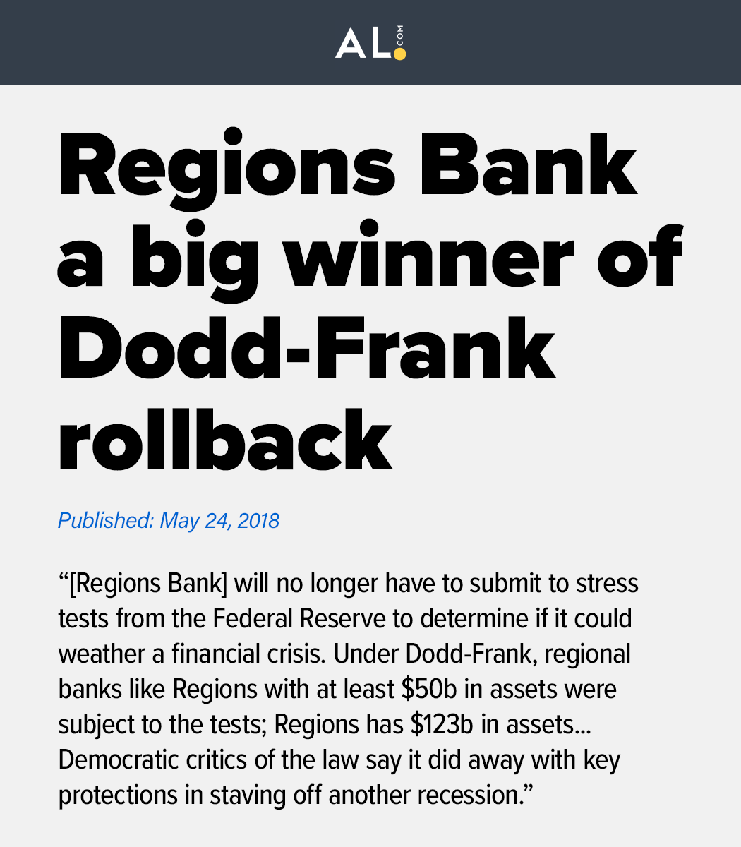 LucasKunceMO's tweet photo. Think it's odd Josh Hawley is refusing to back a restoration of Dodd-Frank, despite all his tough talk on banks? I don't.

After Dodd-Frank passed, his daddy's bank (Regions) spent $10m on lobbying until it finally got gutted in 2018.

To Josh, family values means family profits. https://t.co/ODj5YJ3hCa
