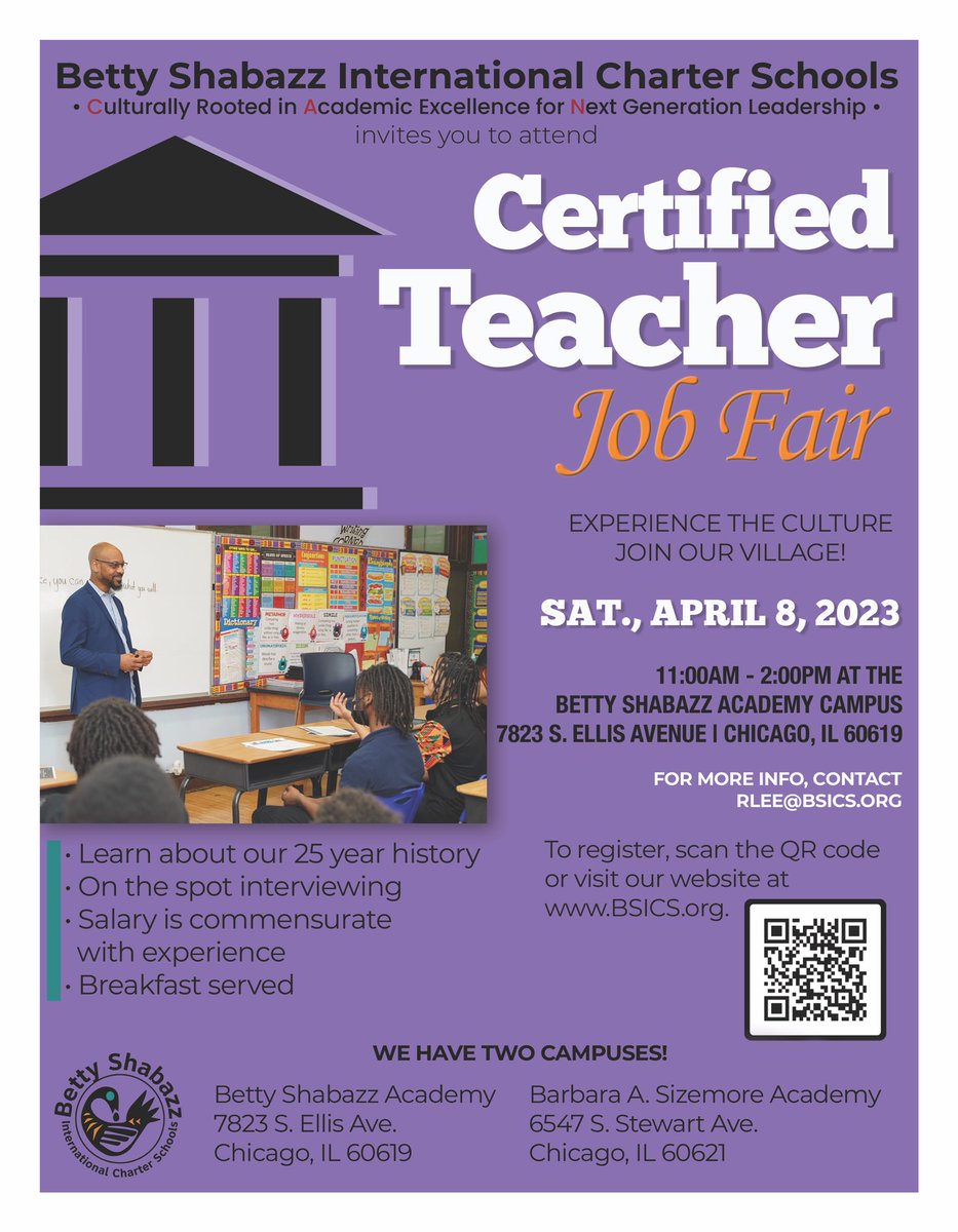 Betty Shabazz International Charter Schools will host a Certified Teacher Job Fair on April 8, 2023!
Experience the culture and Join our Village!

We have two campuses! 

To register to attend, click the link below. 

forms.gle/kayXEM1zoS3iTp…