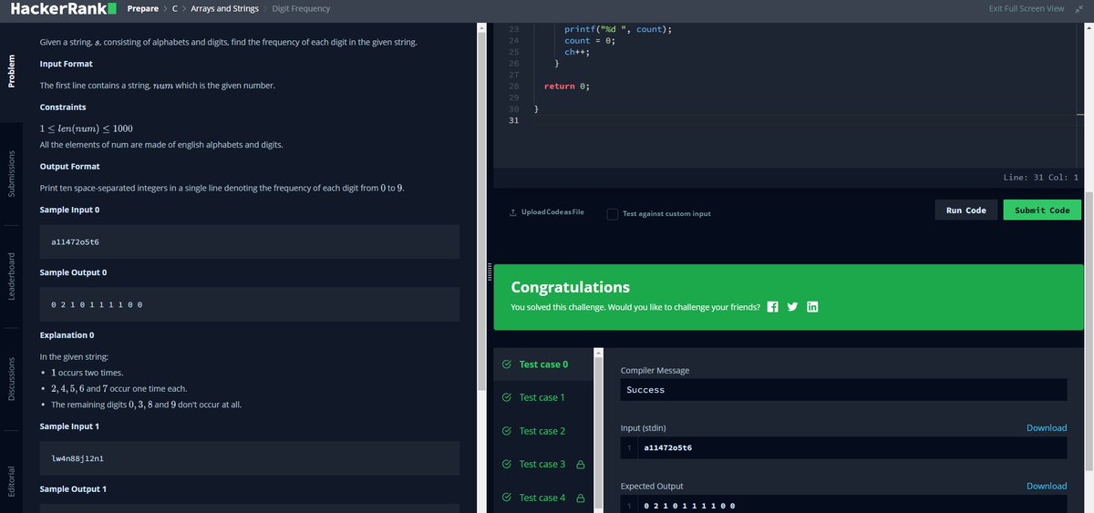 MerinMaryShibu's tweet photo. Day 17☑️
Arrays and Strings in C✔️ 
#100DaysOfCode 
#C 
#HackerRank
#Coding https://t.co/2vTwleSoRN