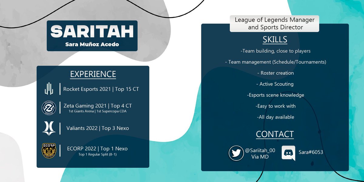 Después de unos meses de descanso, me vuelvo a poner LFT como directora deportiva/general mánager.

Estoy abierta a escuchar todo tipo de ofertas pero principalmente estoy interesada en SL2+

Referencias: <a href="/ZeroTTx/">ZeroT</a> <a href="/Babeta_jr/">Babeta</a> <a href="/LucasRojo/">Lucas Rojo</a> 

Rts appreciated 🙏❤️