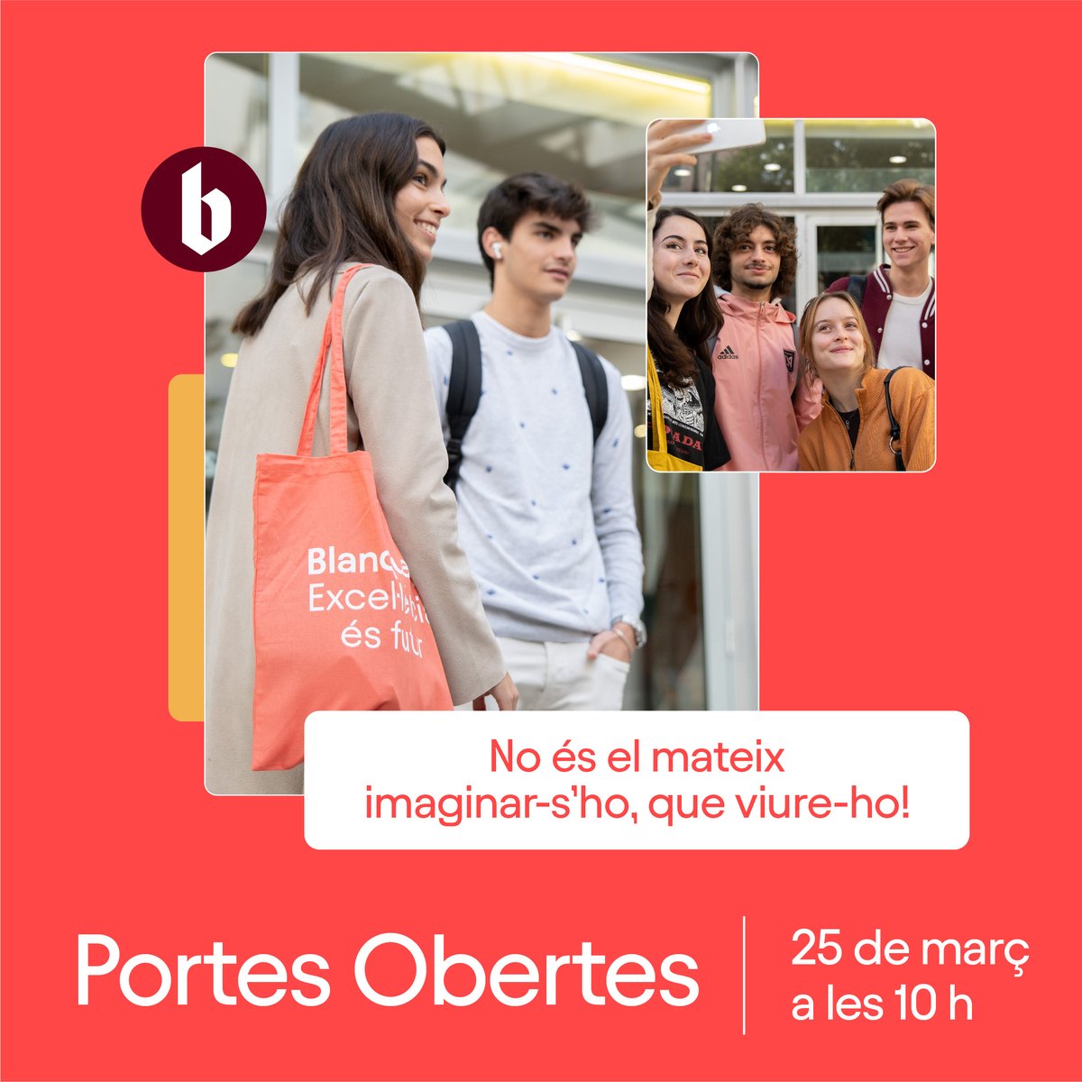 📢Aquest dissabte obrim les portes de les Facultats als futurs estudiants perquè pugueu viure de prop la realitat de la uni.

⭐️Futurs mestres, psicòlegs, logopedes i professionals de la pràctica i la gestió esportiva, us esperem!

🔗blanquerna.edu/ca/portes-ober…
#Excel·lènciaÉsFutur