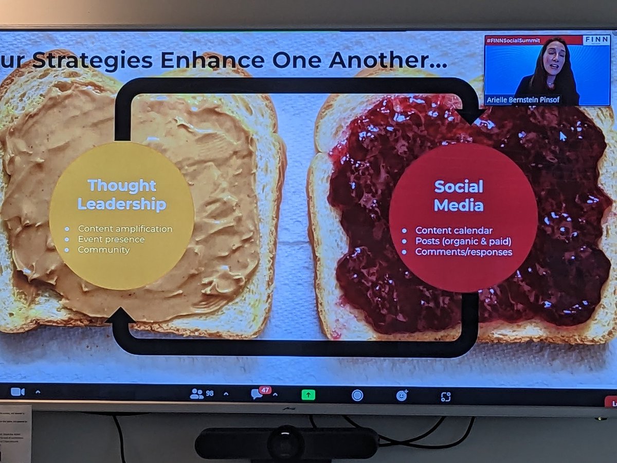 Tuning into <a href="/FINNPartners/">FINN Partners</a>' #FINNSocialSummit. Thought leadership + #SocialMedia strengthen each other within a wider #communications strategy. Social reinforces/amplifies thought leaders' perspectives. Thought leadership helps give a human voice to a brands' channel.